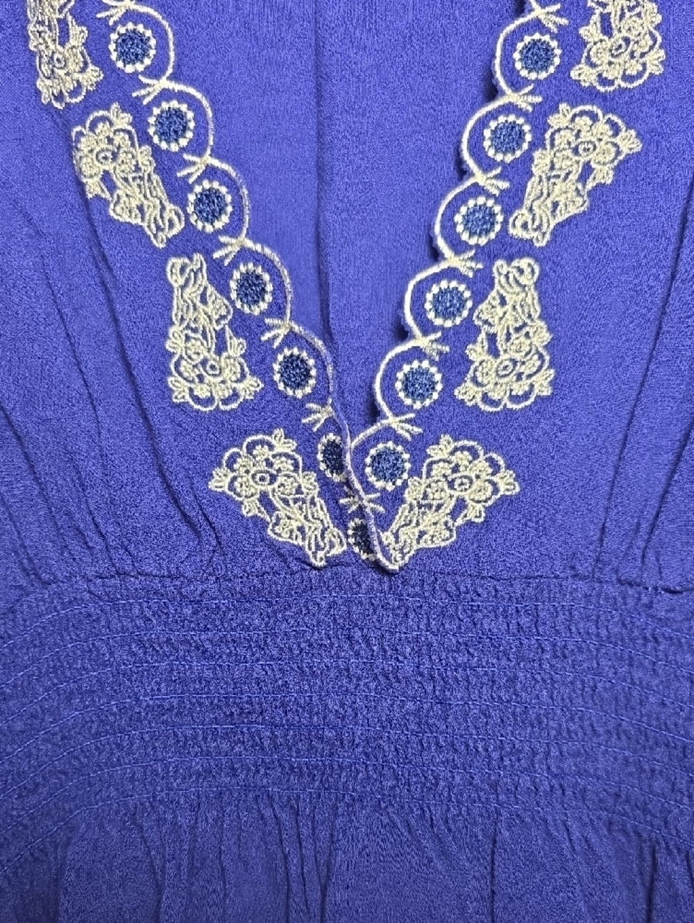 Embroidered V-Neck Royal Blue Tunic Top Scallop Trim - Picture 3 of 5